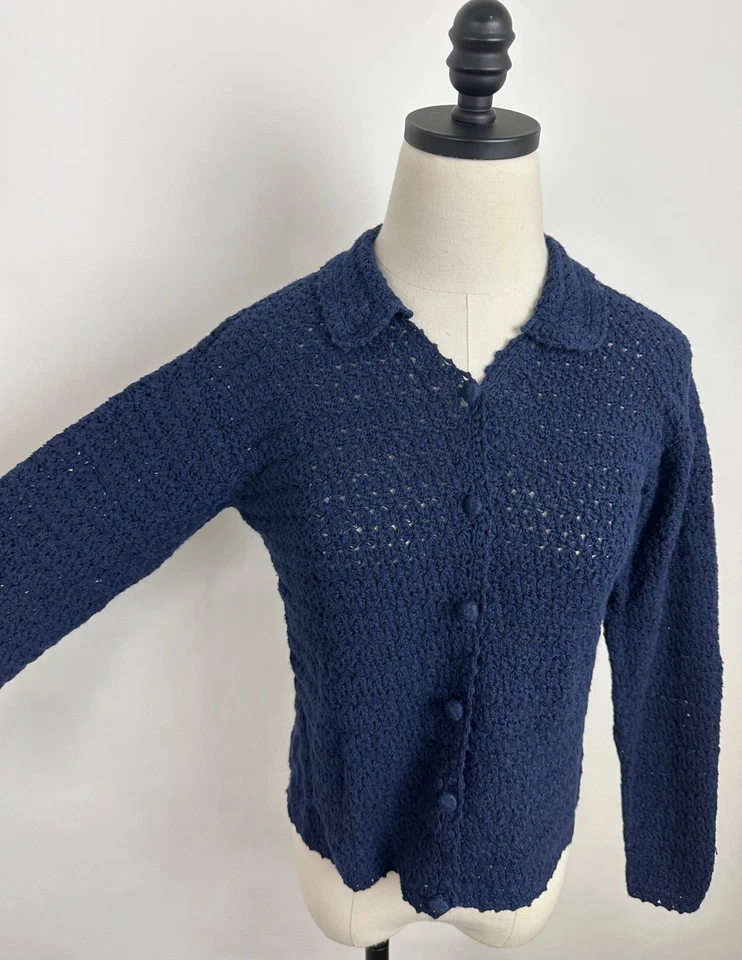 复古 90 年代钩针开衫毛衣女式 XS 海军蓝开放式针织波西米亚波西米亚 — 第 4/4 张图片