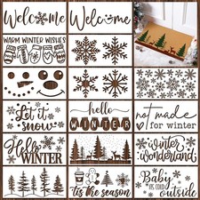 16 PCS Winter Stencils Door Mats Crafts Reusable Welcome Templates Wood Sign