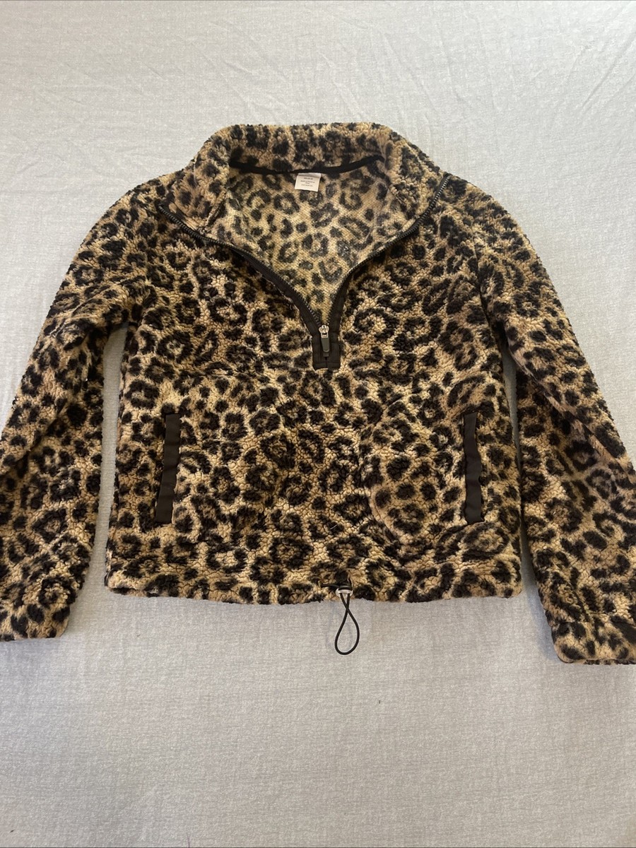 No Boundaries Sherpa Fleece Pullover 1/3 Zipper Leopard Print Size