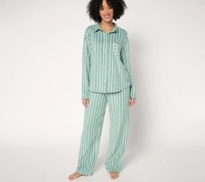 Cuddl Duds Regular Fleecewear Stretch Notch Collar PJ Set Green Stripe L New