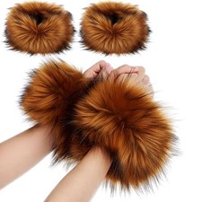 2 Pairs Faux Fur Short Wrist Cuffs Women's Winter Fuzzy Wrist Cuffs Dark Brown
