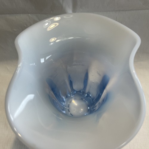 vintage glass vase flared, ruffled top edge, white and blue, 5” - Picture 4 of 7