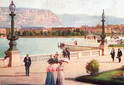 Antique UDB Postcard Quai du Mont-Blanc Geneva Switzerland Ladies Umbrellas Lake