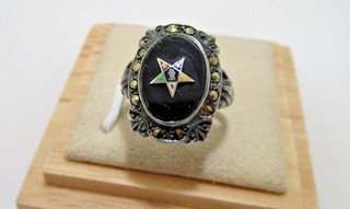 Vintage Masonic Eastern Star Onyx Marcasite Uncas Sterling Ring Size 5