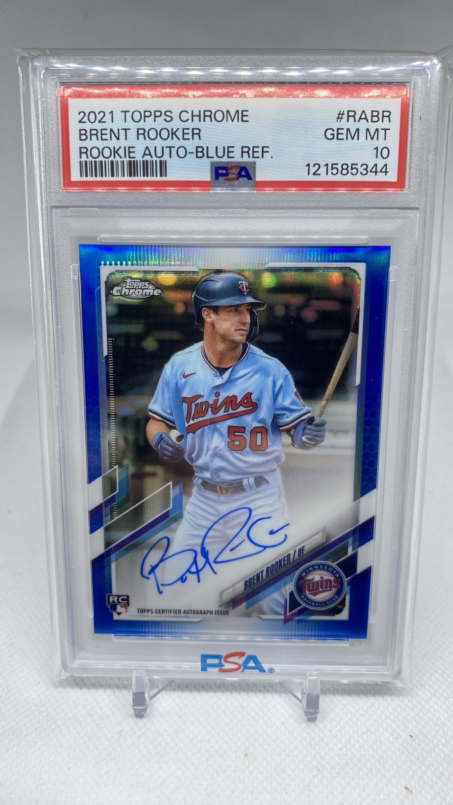 2021 Topps Chrome Brent Rooker Rookie Autographs Blue Refractor /150 PSA 10