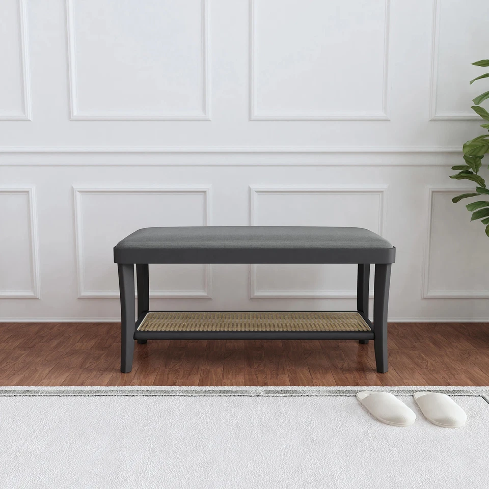 Banco rectangular liso Maisy de 15 pulgadas - terciopelo gris con terciopelo gris abedul moderno y Foto 2 de 4