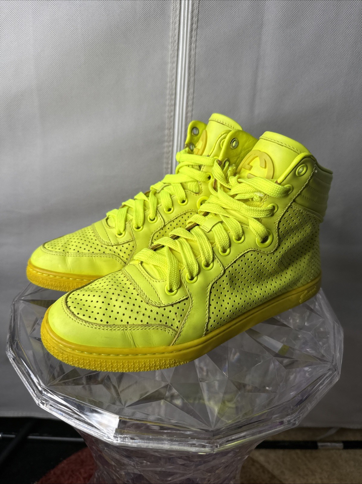 Gucci Neon Green Perforated Leather Lace Up High Top Sneakers Size 37.5 (US 7)