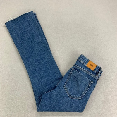 #ad ZARA Jeans Womens 2 Blue High Rise Kick Flare Bootcut Stretch Raw Hem Denim $3.87