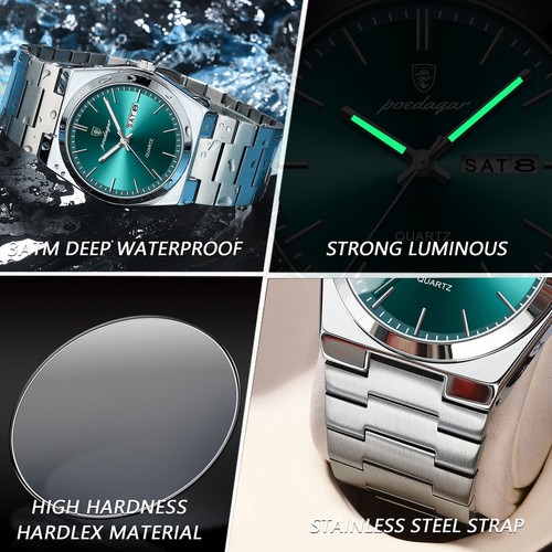 Men's Watches Stainless Steel Quartz Watch Luxury Calendar Waterproof Wristwatch - Picture 8 of 18