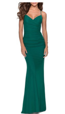 LA FEMME STRAPPY BACK RUCHED TRUMPET EMERALD GREEN GOWN sz 0