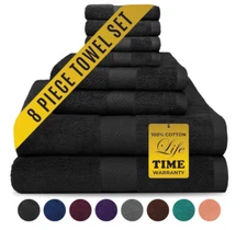 8 PIECES TOWEL GIFT SET 100% COTTON 2 BATH, 2 HAND, 4 WASHCLOTH TOWELS, 8 COLORS