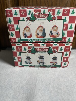 Vtg World Bazaar  6 PCs Snowman Bells & Santa Hand Painted Ornament New In Box