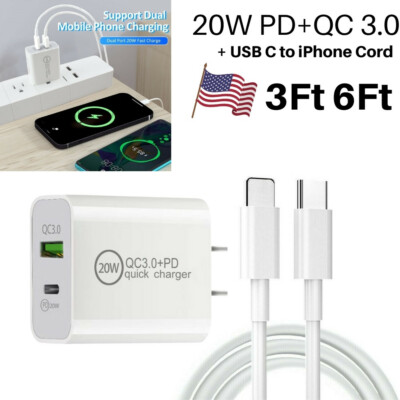 20W PD QC3.0 USB C Power Adapter Fast Charger Cord For iPhone Samsung Android LG