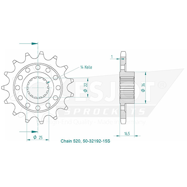 Pignon Esjot 520 de 15 dents robuste en acier forgé allemand