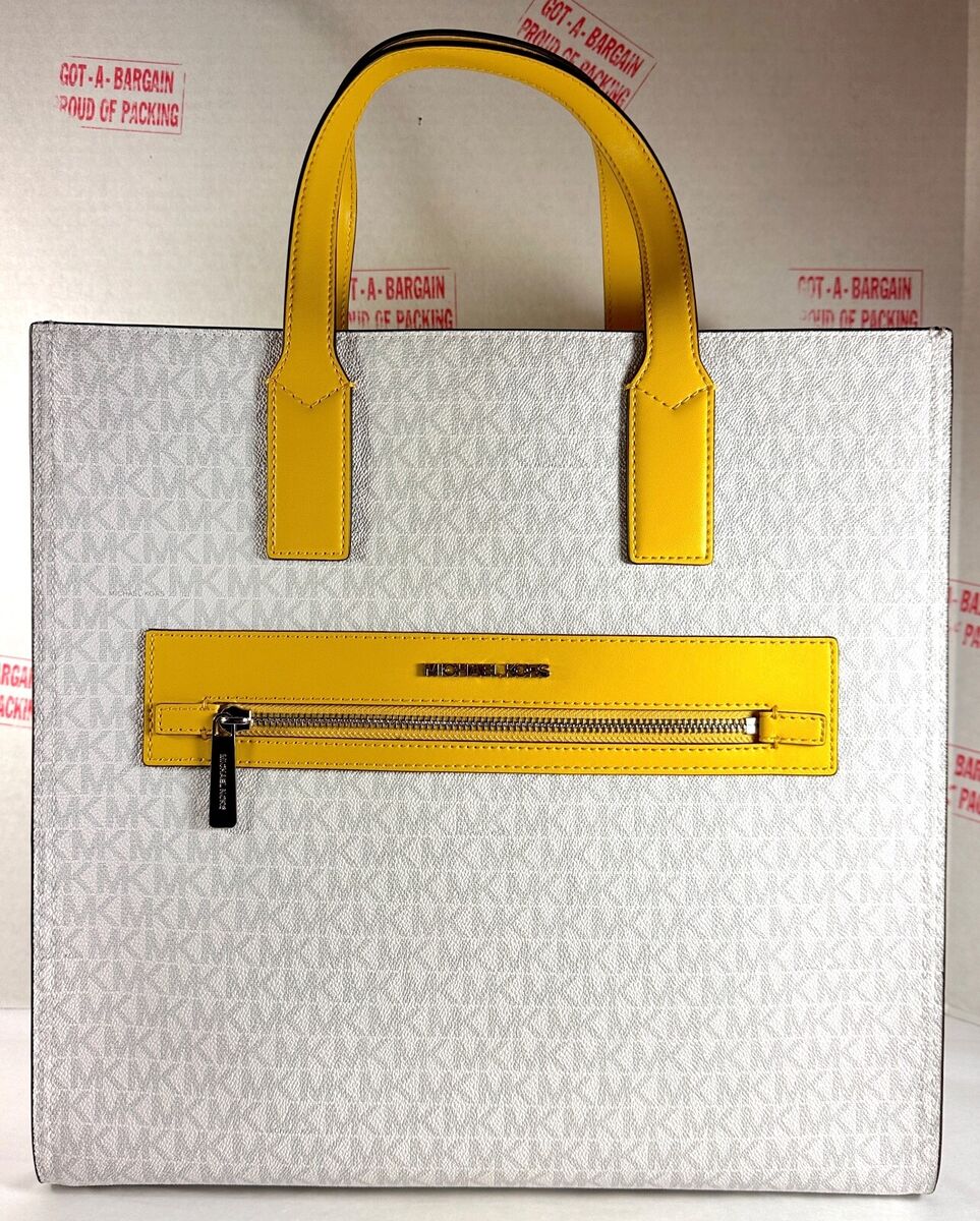 Michael Kors Kenly MK LOGO WHITE Yellow Large NS Tote Shoulder Bag