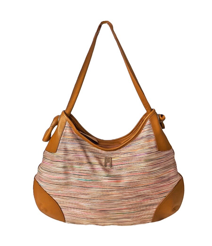 Vintage Missoni Striped Multicolored Gabric Tan Leather Trim Hobo 