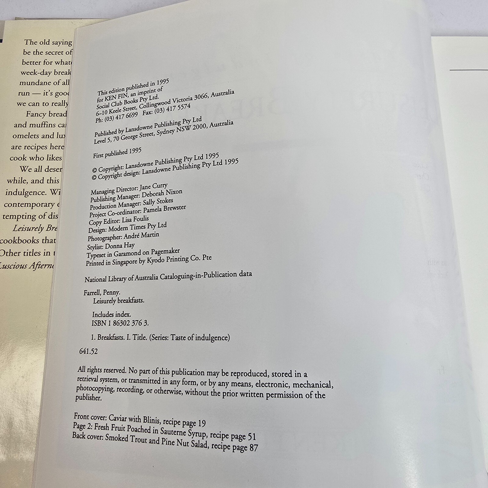 Leisurely Breakfasts: A Taste of Indulgence by Penny Farrell (Hardcover, 1995)