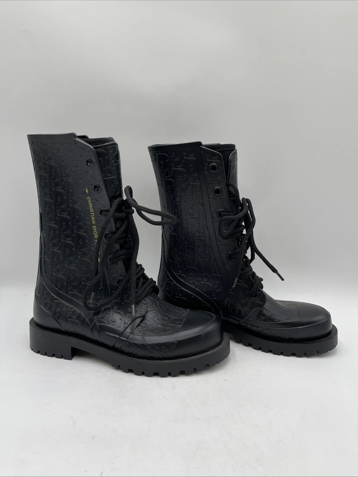 Bottes de pluie imperméables à lacets bout rond caoutchouc noir Dior, femme taille 35