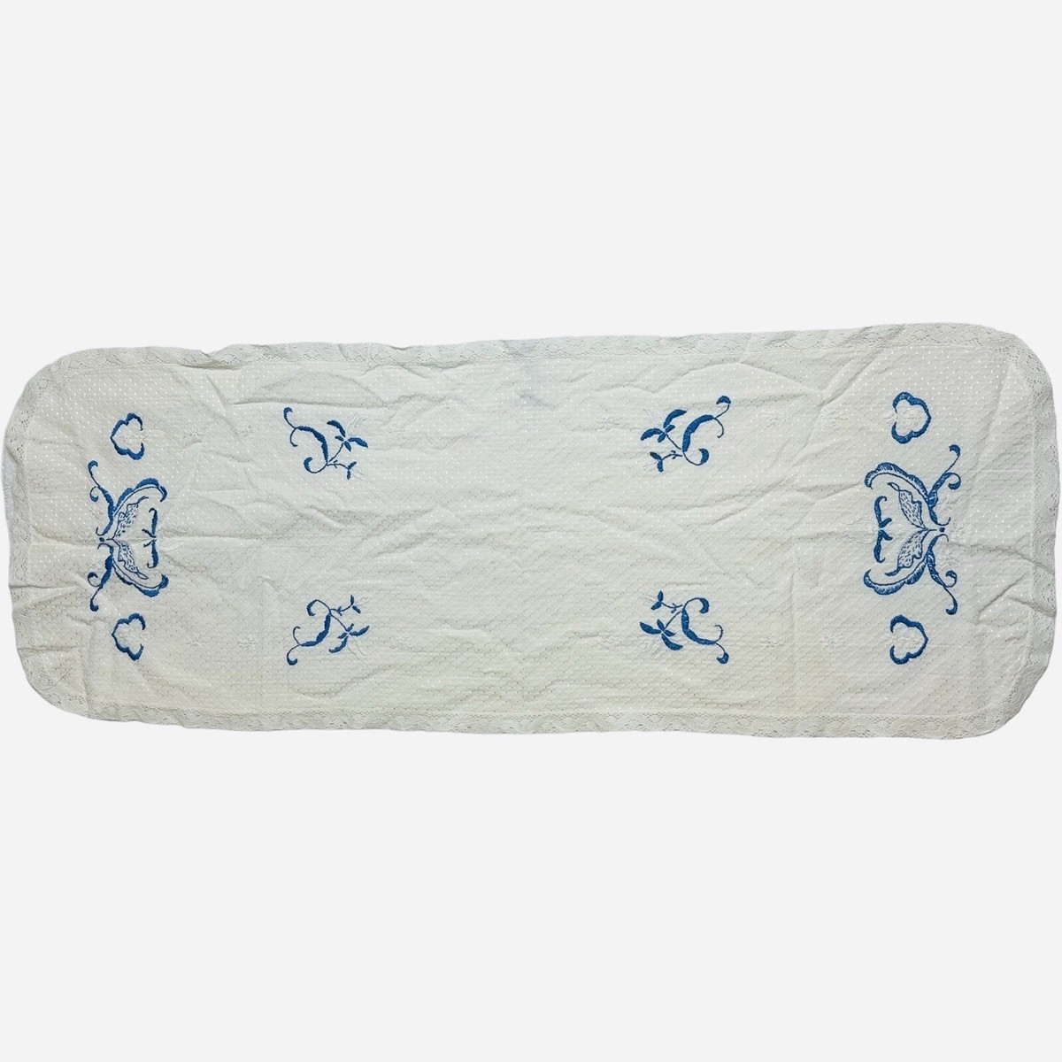 blue dresser scarf Table Runner Vanity Dresser Scarf 13 x 36 White Blue Hand Embroidered