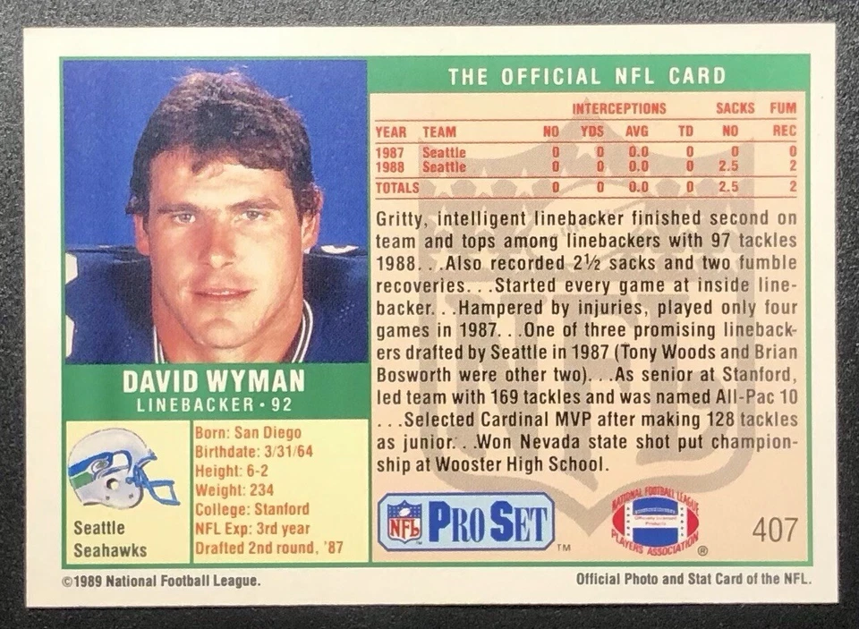 1989 Pro Set - #407 David Wyman (RC) - Image 2 of 2