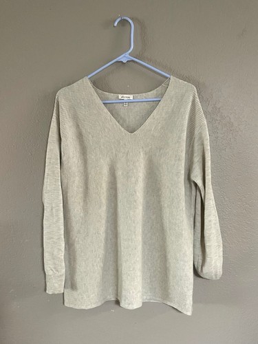 Ella Moss Women's Long-sleeve - V Neck Ribbed Soft Pullover Sweater Size M Beige - Picture 2 of 8
