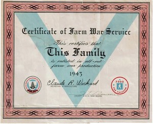 US WW2 document.  Certificate of Farm War Service 1943. New Mexico.