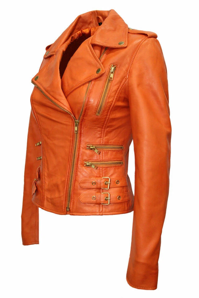 Chaqueta Abrigo Mujer Naranja Piel de Cordero Motociclista Elegante Cuero Real Foto 3 de 4