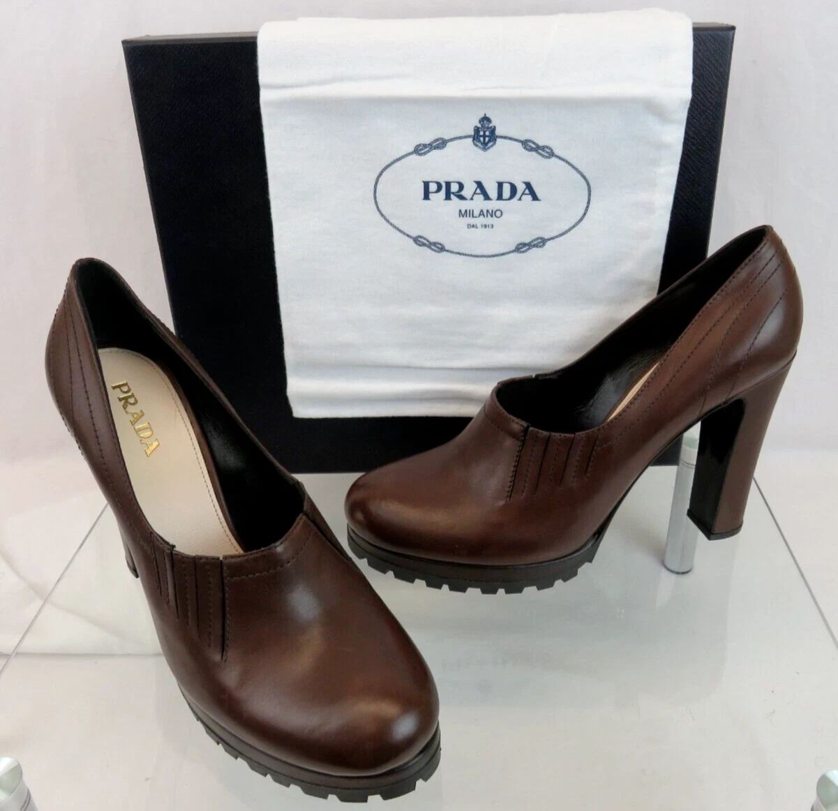 DÉCOLLETÉ TACCO ALTO NUOVE CON SCATOLA PRADA 1I914B MARRONE SCURO PELLE INVECCHIATA SUOLA AD ALETTA 41 IT