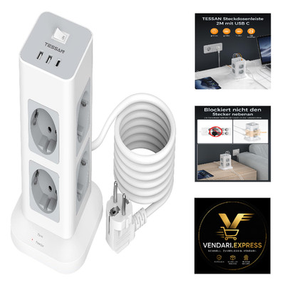 TESSAN Mehrfachsteckdose USB C 8 Steckplätze 2M Kabel Übers