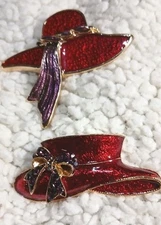 TWO Red Hat Society, Pin & Hair Pin Signed Scarlet O'Hara 1 Signed T&T Enameled