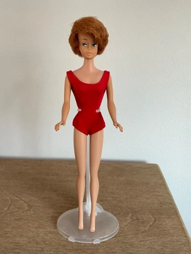 Vintage Titian Bubblecut Barbie Doll 1960s Red Swimsuit No Green Ear Tight Limbs