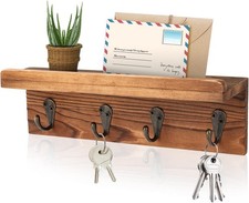 Rustic Key Holder for Wall, Farmhouse Wall Shelf with 4 Hooks, Wall Mounted Key 