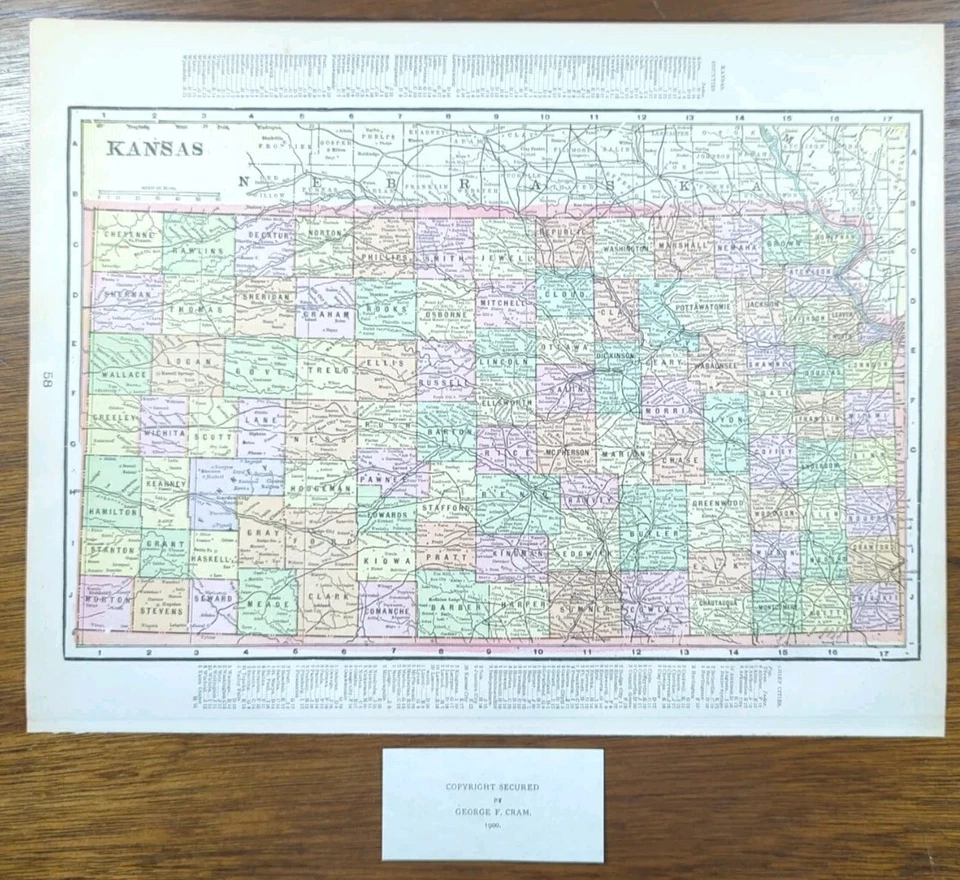 Vintage 1900 KANSAS Map 14"x11" ~ Old Antique Original SALINA TOPEKA WICHITA - Image 2 of 4