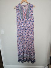 Talbots Dress 12 Pink Blue Floral Maxi Tie Waist Coastal Boho Resort Vacation
