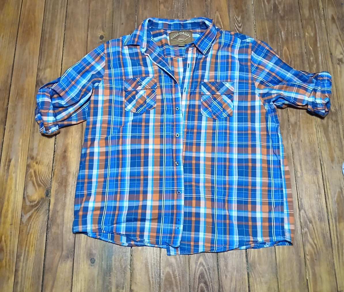Camisa a Cuadros Roja Camel Azul/Naranja Manga Larga Con Botones XXL