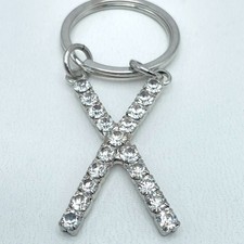 Vintage Silver-Tone Rhinestone-Encrusted Inlaided Initial Letter "X" Keychain
