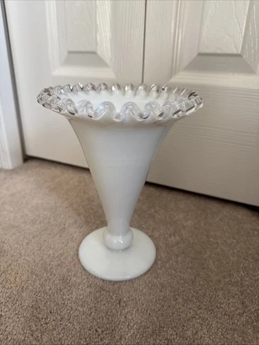 Fenton White Milk Glass Silver Crest Footed Cone Trumpet Shaped Ruffled Vase