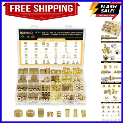 255PCS Brass Compression Sleeves Ferrules Inserts Nuts Fittings for Tube OD 1...