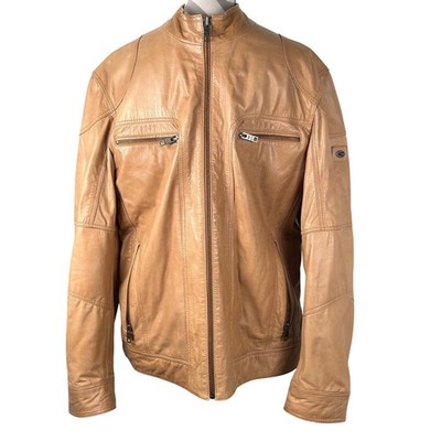 Camel Active Mens Tan Brown Cow Leather Cafe Racer Moto Jacket Size 54 XL