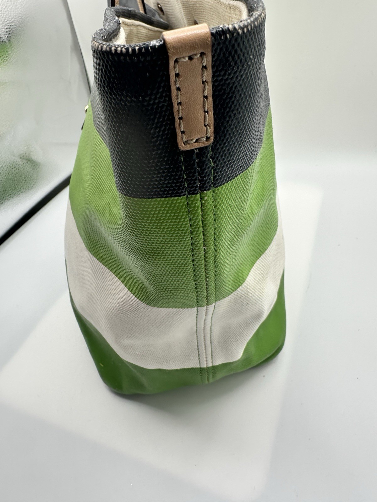 Kate Spade Striped Multicolor Coated Canvas Tan Natural Leather Trim Tote Bag thumbnail 4