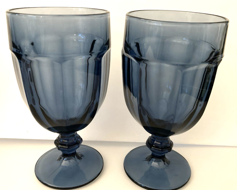 Two (2) Vintage Libbey Duratuff Gibraltar Dusty Blue Drinking Goblets Glasses