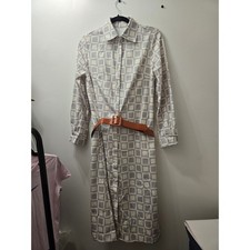 Geometric Print Shirt Dress Midi Button Front Long Sleeve Belted