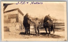 Vtg B&W Snapshot Man In Workwear With Horses By Barn 1940s