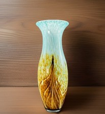 Hand Blown Glass Vase 14.5" Tall Blue Fade Into Brown Smooth Bottom Vintage