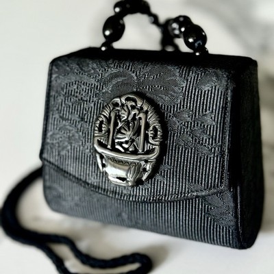 Vintage Evening Bag Black Rafael Sánchez Brocade  Beaded Cord Ornate Clasp Chic