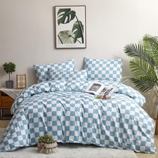 Plaid Blue and White Duvet Cover Queen Light Checkerboard Bedding Sets Full Size