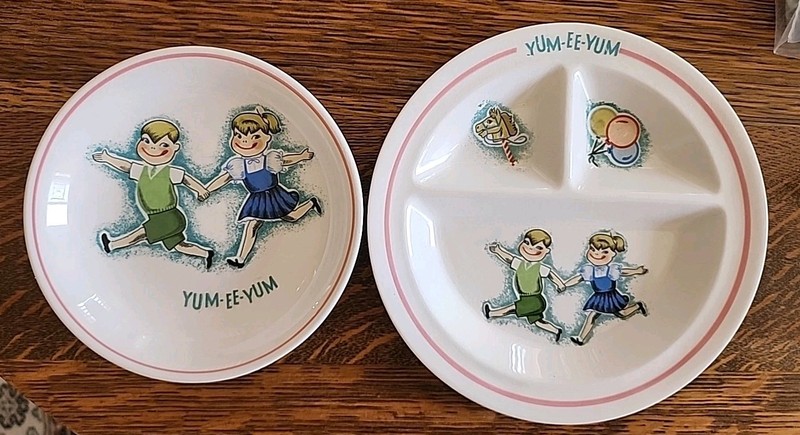 YUM-EE-YUM Boy & Girl CHILD Set Vintage Divided Plate & Bowl Japan "C" Imports 