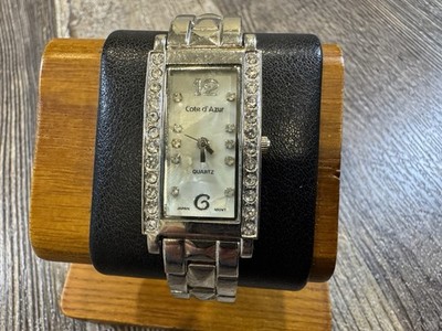 Cote d  Azur Ladies Silver Tone Quartz Mother of Pearl Rectangle Face Rhinestone