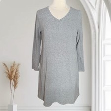 Pure Jill Knit Gray Knee Length Dress M Pima Cotton V Neck Long Sleeves Pockets