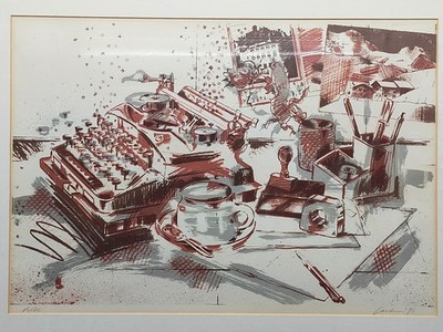 Originelles Schreibmaschinen-Stillleben   Künstlerische Lithografie von 1990
